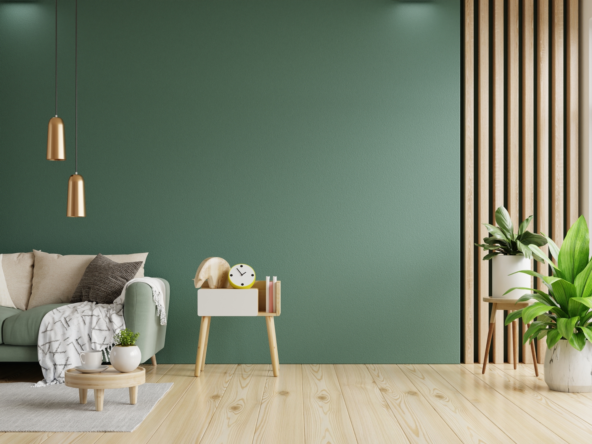 Green,Sofa,With,Table,On,Green,Wall,And,Wooden,Flooring.3d